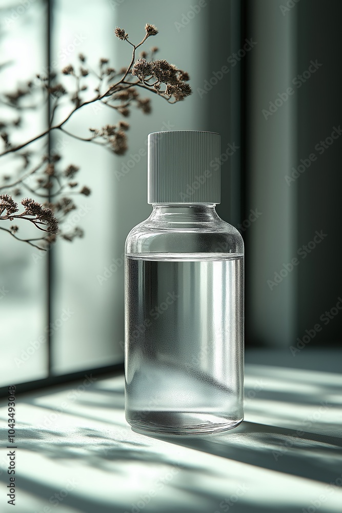 Poster glass bottle filled with water placed on a table near a window with soft sunlight filtering through