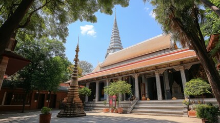 Serene Temple Landscape Under Clear Blue Sky