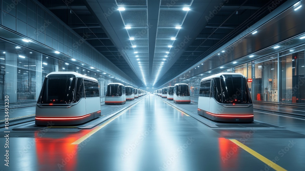 Poster A modern underground transit station showcases several sleek automated carriages lined up, with bright lighting illuminating the space. The atmosphere feels advanced and efficient, inviting commuters.