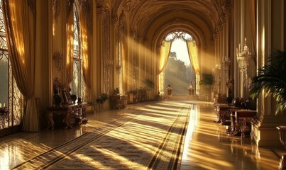 Obraz premium Sunbeams illuminate a grand hallway with ornate details.