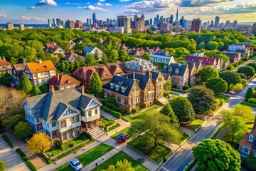 Obraz premium Aerial View of Charming Neighborhood Homes in Midwood Brooklyn, NYC - Beautiful Residential Architecture and Tree-Lined