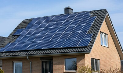 Fototapeta premium Brick house with solar panels on roof.