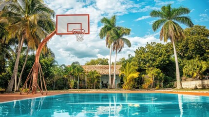 A basketball hoop over a vibrant turquoise pool with a backdrop of lush palms and a traditional cuban villa in varadero