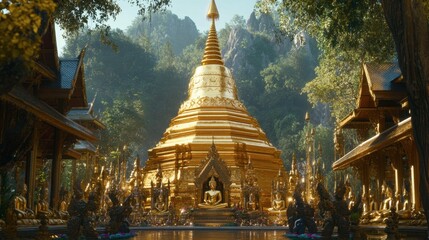 Golden Stupa Surrounded by Nature in Tranquil Setting