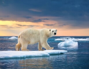Arctic Canada. Polar bear on the drifting ice with snow and evening pink blue sky, Svalbard, Norway. Wild danger animals in the nature habitat, two polar bears.