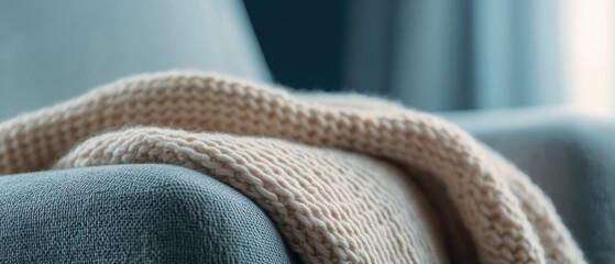 Cozy knitted blanket draped over a soft couch, inviting warmth and comfort in a tranquil living space.