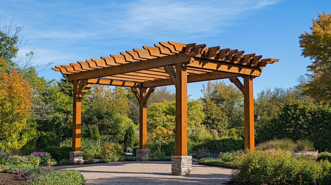 Large cedar pergola offering shade, set against a scenic backdrop of trees and a crisp sky096202933474