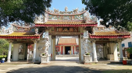 Asian Temple Entrance with Intricate Architecture
