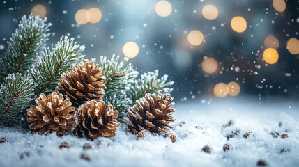 Obraz premium Snow-covered spruce paws with cones close-up