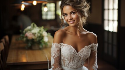Naklejka premium A woman in a wedding dress is smiling at the camera