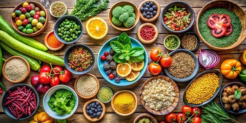 Fototapeta premium Aerial View of Healthy Vegetarian Ingredients: Seeds, Buckwheat, Green Vegetables, and Fruits for Clean Eating and