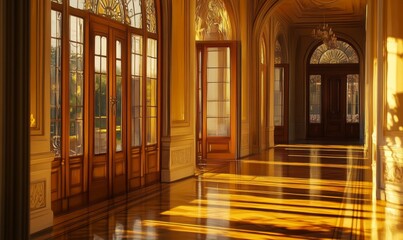Sunbeams illuminate a grand hallway with ornate doors.