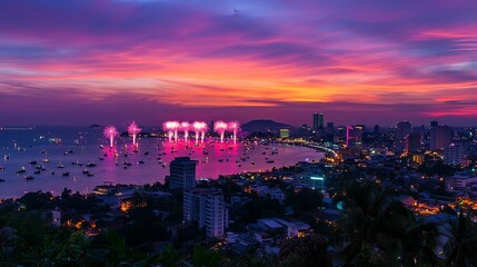 Fototapeta premium A stunning view of the fireworks festival from a nearby hill, providing a unique perspective of the colorful displays over Pattaya. 