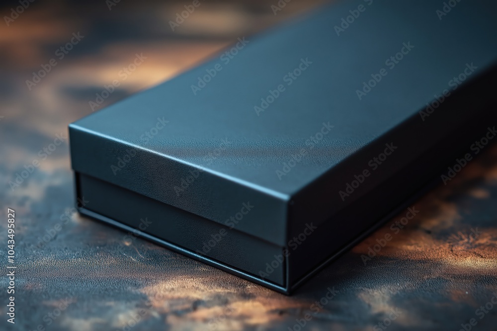 Poster a sleek black box rests on a textured surface, capturing light in a minimalist setting