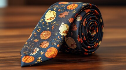 Blue silk tie with pumpkin and autumn leaf pattern.