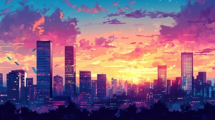 Fototapeta premium An urban landscape at sunset with silhouettes of skyscrapers, vibrant colors reflecting off the glass windows, and soft clouds scattered across the sky