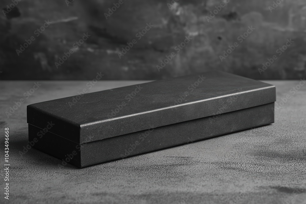 Poster elegant black box resting on textured surface in a softly lit environment