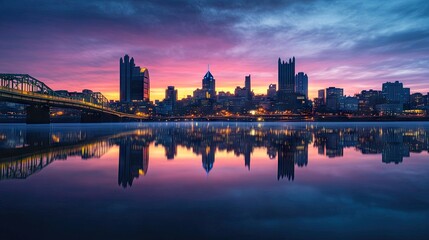 Fototapeta premium Panoramic view of a vibrant city skyline as the sun sets, with its reflection shimmering on the water.