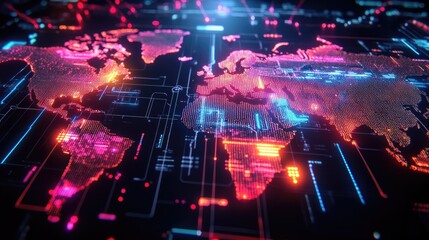 Obraz premium Polygonal glowing map, representing innovation and digital transformation in business applications, with bright neon lines.