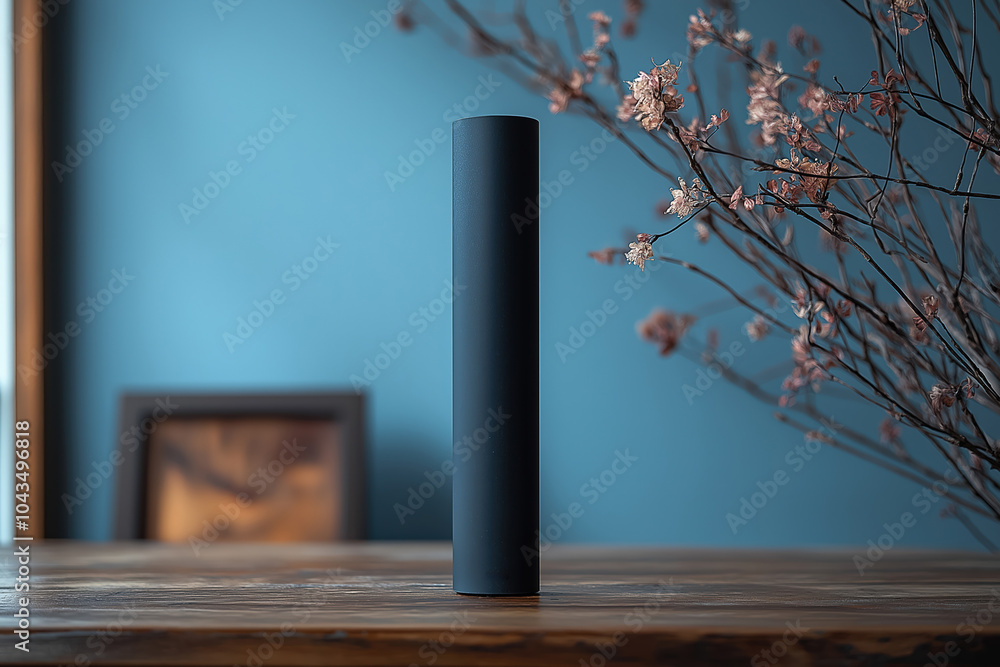 Aufkleber elegant black cylindrical object displayed on a wooden table with branches in a serene room setting