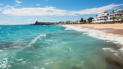 A beautiful beach with a blue ocean and white buildings in the background