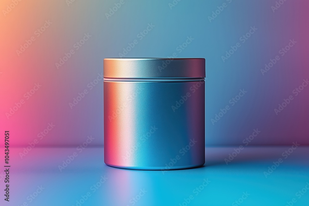 Poster a sleek metallic container displayed on a colorful gradient background in an artistic studio setting