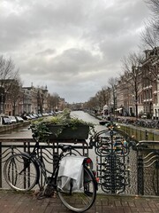 bicycles and canal in Amsterdam in winter