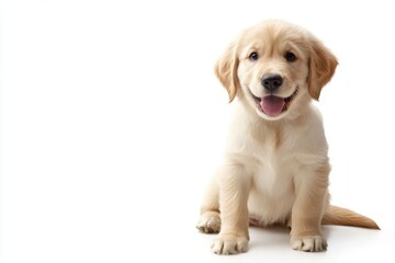 Obraz premium A happy golden retriever puppy sitting on a blank white background, with space around the puppy for text or logos. Ideal for pet product advertisements, veterinary branding, or dog food promotions.