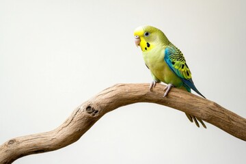 Fototapeta premium A parakeet perched on a blank wooden branch with ample space for text or logos. Perfect for bird food branding, avian care product advertisements, or pet store promotions. 