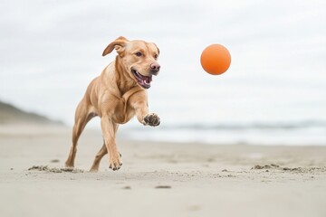 A playful dog chasing a ball on a blank sandy beach with space for text or logos. Perfect for pet toy promotions, dog food branding, or outdoor pet care product advertisements.