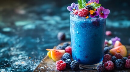A chilled blue spirulina smoothie garnished with delicate edible flowers and mixed berries, set against a rustic wooden surface with spirulina powder and fresh fruit, natural light, crisp and vibrant.