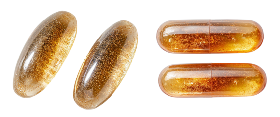Golden Fish Oil Tablets in Two Pairs, Reflecting Light with Their Smooth, Translucent Coating. Cutout background.