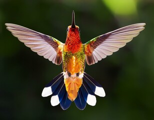 Obraz premium Male Ruby Topaz hummingbird hovering in a garden with a green bokeh background.