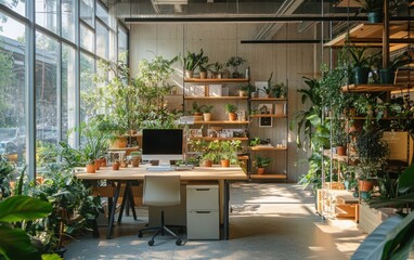 A chic modern office setup with lush indoor plants, showcasing eco-friendly design principles and maximizing natural light