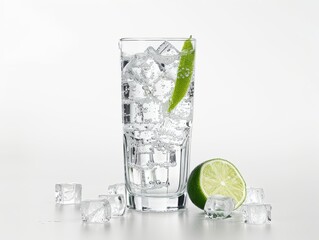 A tall glass of sparkling water with lime wedges and ice cubes on a white background