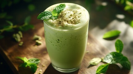 A chilled matcha smoothie, garnished with a light dusting of matcha powder and a fresh mint leaf, with green tea leaves scattered in the background, bright sunlight, smooth and refreshing appearance.
