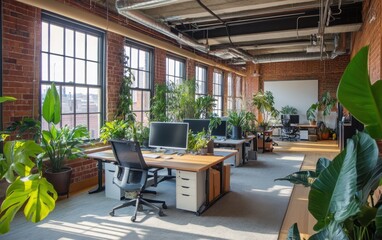 Fototapeta premium A contemporary workspace designed with plants and plenty of sunlight, showcasing sustainable practices, with eco-friendly furniture