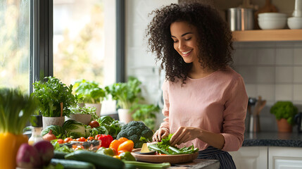 Smiling woman chopping vegetables in a bright kitchen, preparing healthy meals for a plant-based diet