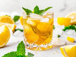 Fototapeta premium A whiskey smash in a short glass with mint leaves and lemon slices on a white background
