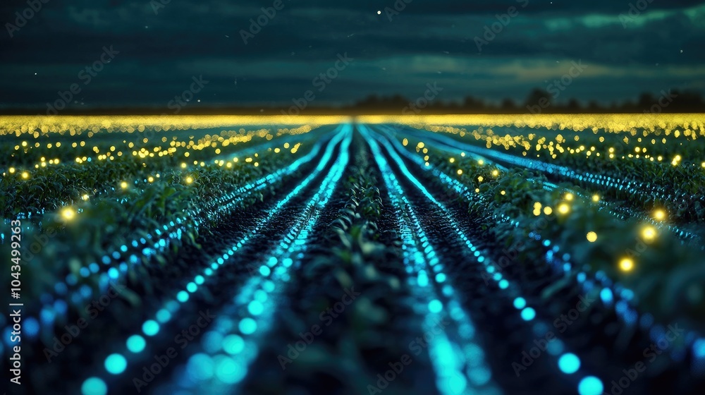 Aufkleber smart farm at night with digital grid lines enhancing the rows of crops, representing precision agri