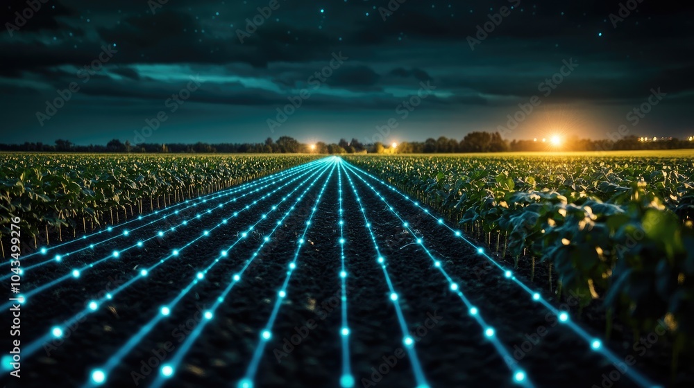 Aufkleber smart farm at night with digital grid lines enhancing the rows of crops, representing precision agri