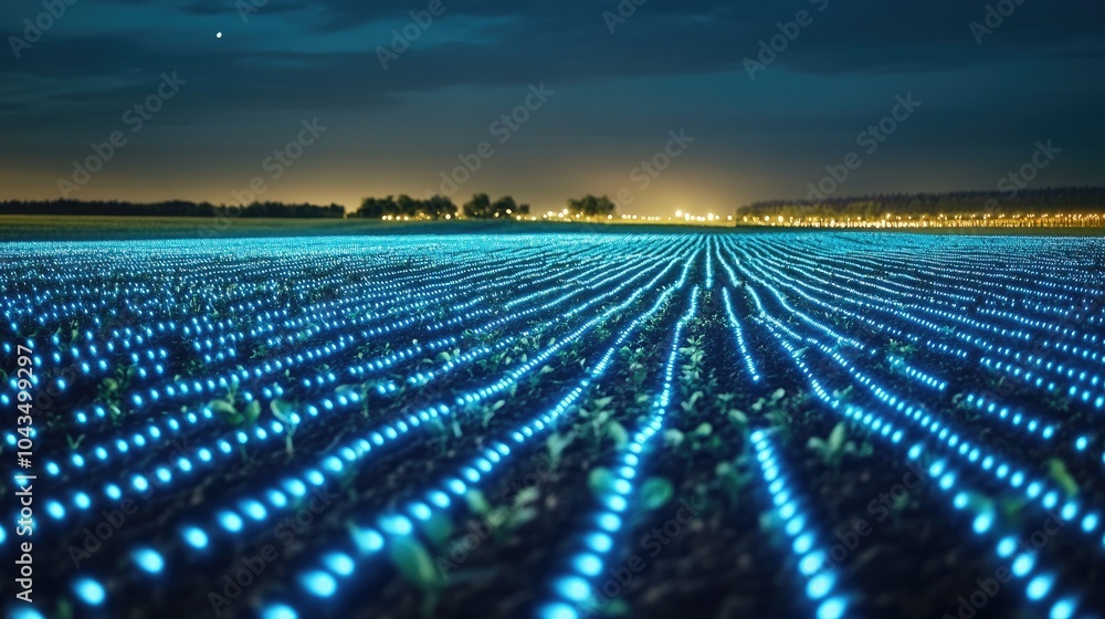 Poster smart farm at night with digital grid lines enhancing the rows of crops, representing precision agri