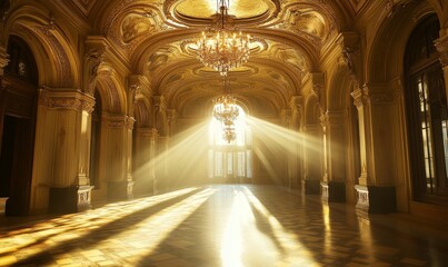 Golden hall with sunbeams shining through a window.