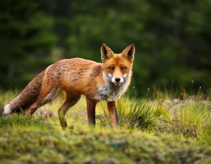Beautiful Male Red Fox Standing in A Natural Background During Sunset in A National Park
