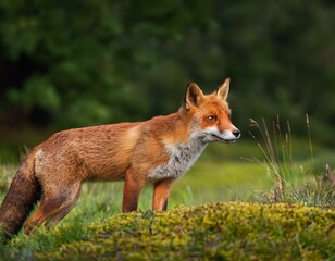 Beautiful Male Red Fox Standing in A Natural Background During Sunset in A National Park
