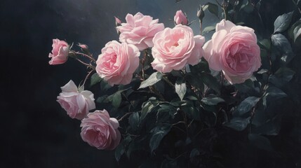 Soft pink roses in a delicate bouquet with a dark, moody background, reminiscent of a romantic painting with vintage elegance and timeless