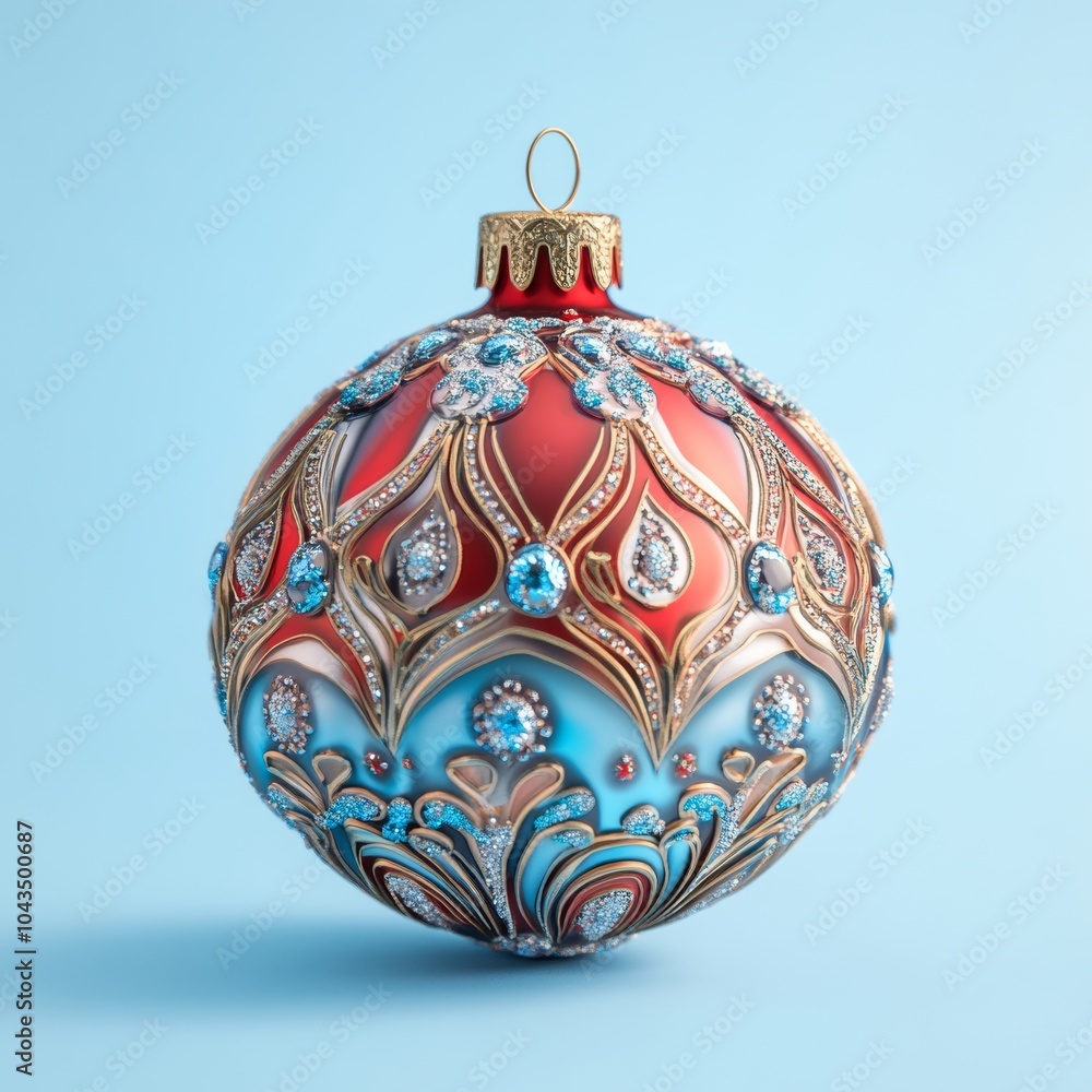 Poster a beautiful 3d bauble, decorated with intricate patterns and shimmering colors, isolated on a light 