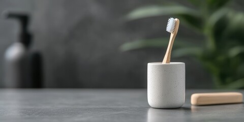 Minimalist bathroom setup with a wooden toothbrush in a white holder, featuring modern and natural elements.