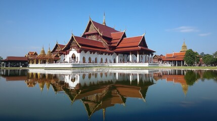 Obraz premium Serene Temple Reflected in Calm Water Under Blue Sky