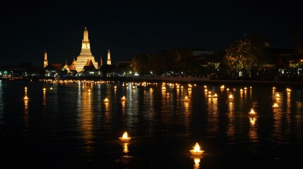 Fototapeta premium Nighttime Festival Lights on Calm Water Surface
